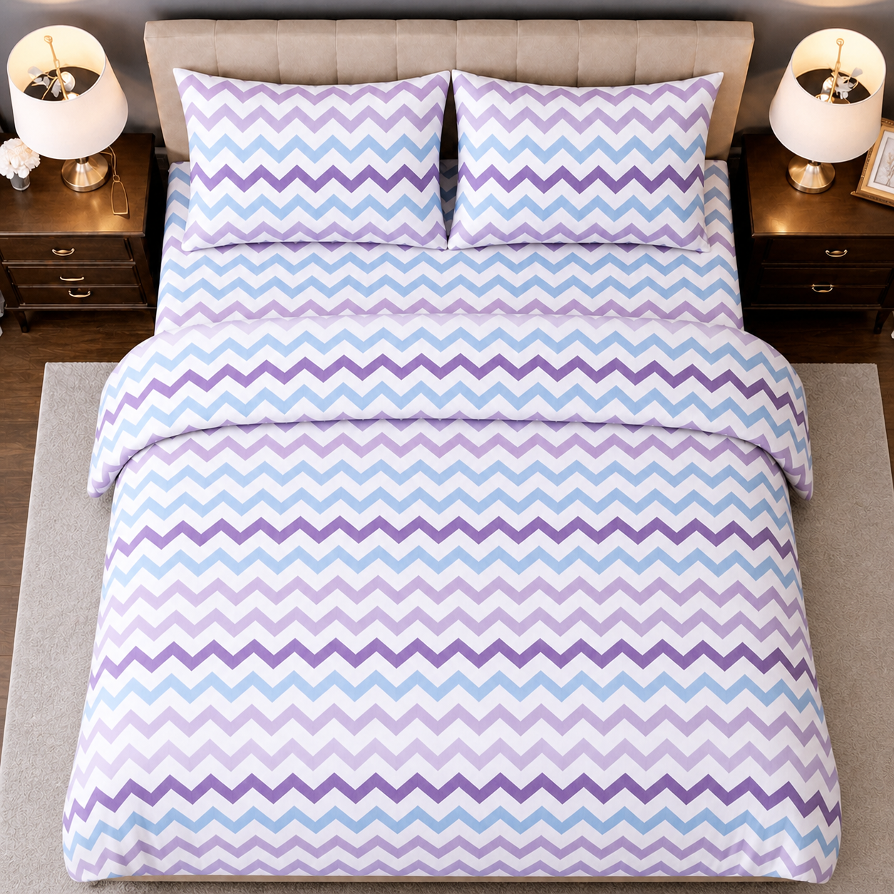 ZigZag colorful Bedding on a Bed in room with Side tables