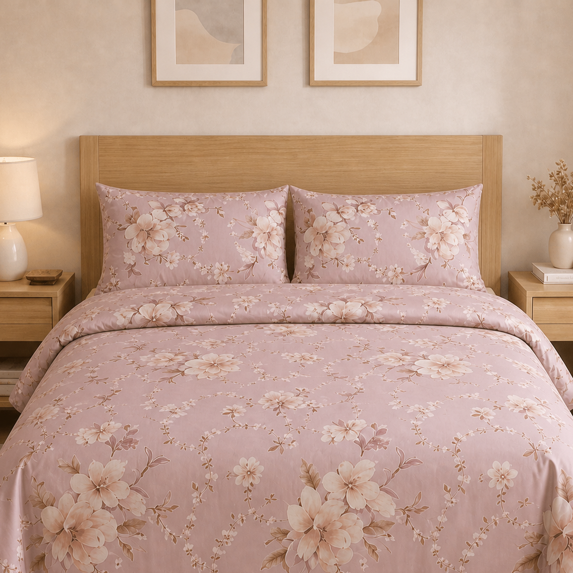 Floral patterned bedding set on a bed in a bedroom setting.