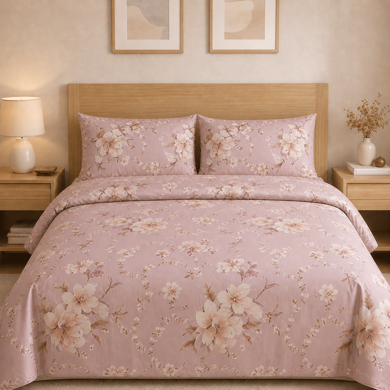 Floral patterned bedding set on a bed in a bedroom setting.