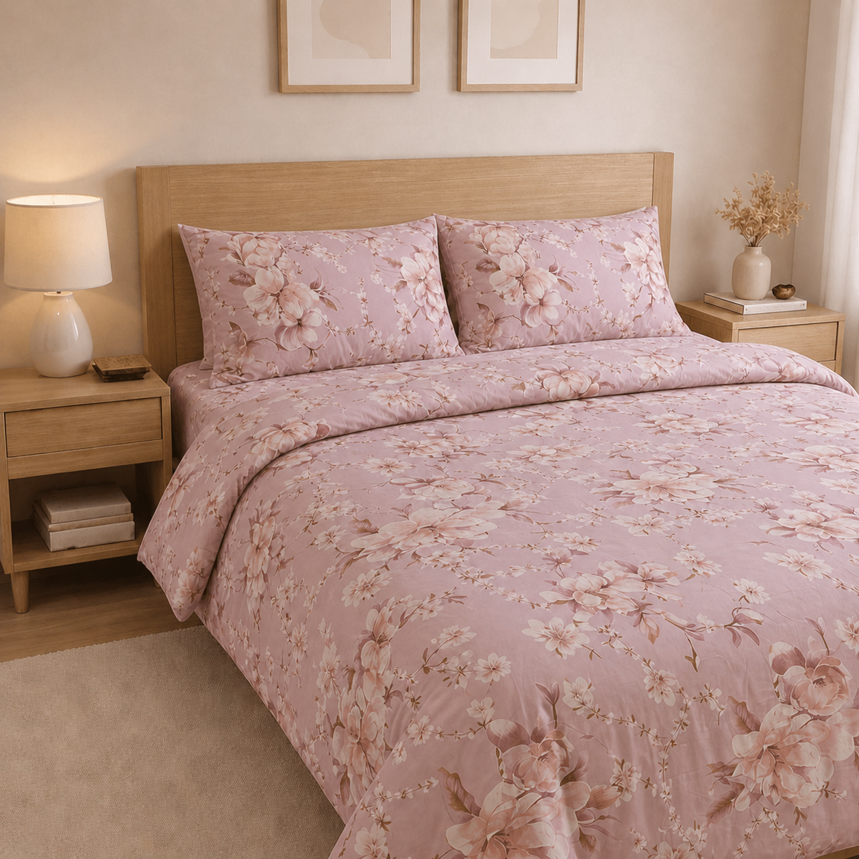 Floral patterned bedding set on a bed in a bedroom setting.