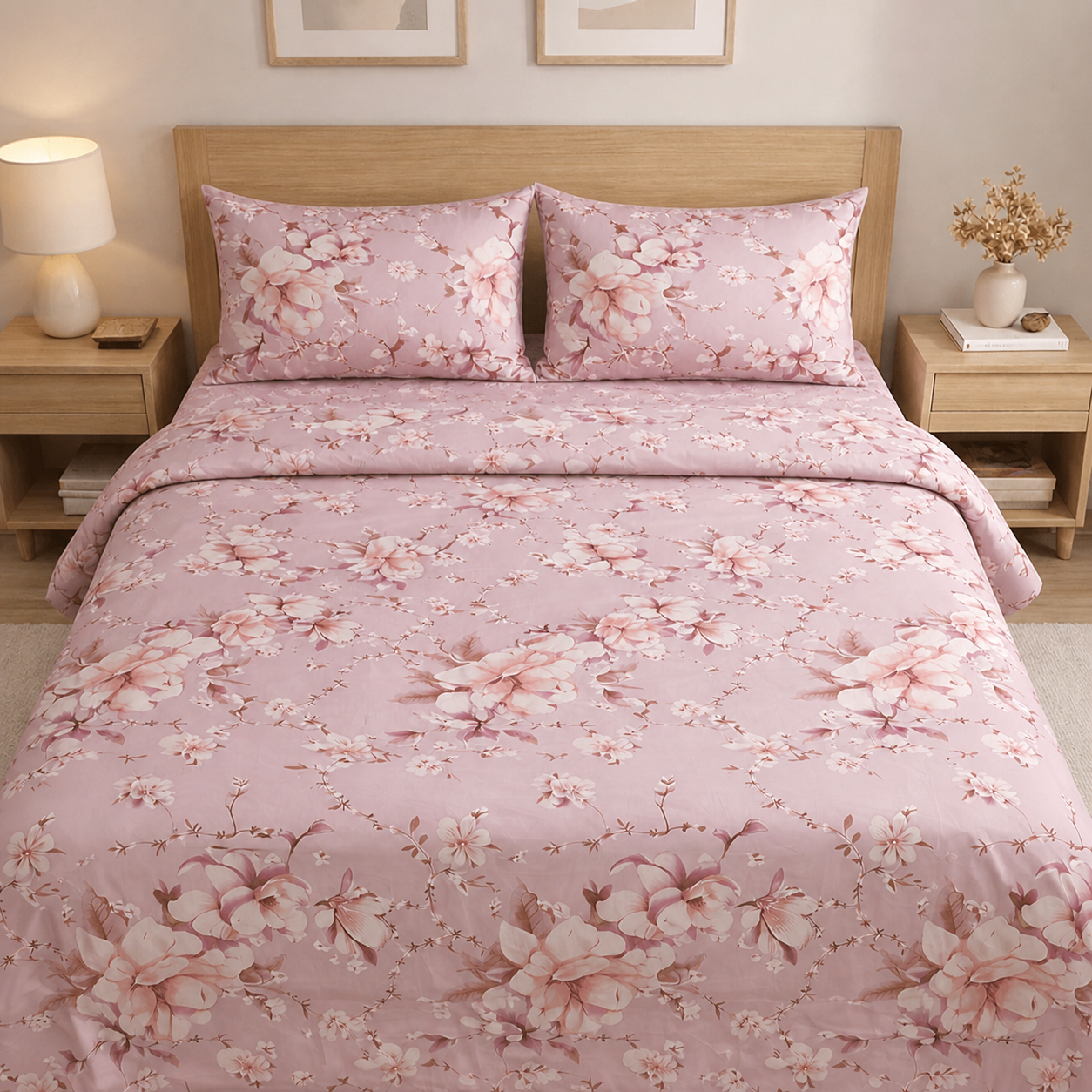 Floral patterned bedding set on a bed in a bedroom setting.