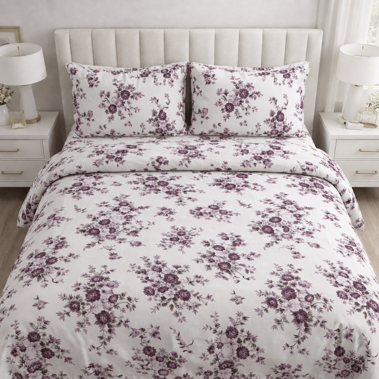 Floral bedding set on a bed with matching pillows in a bedroom setting.