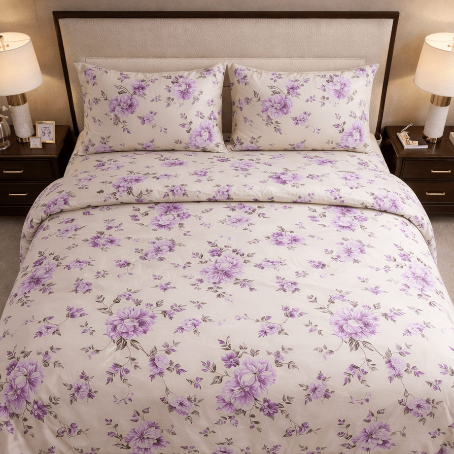 Floral patterned bedding set on a bed with matching pillows in a bedroom setting.