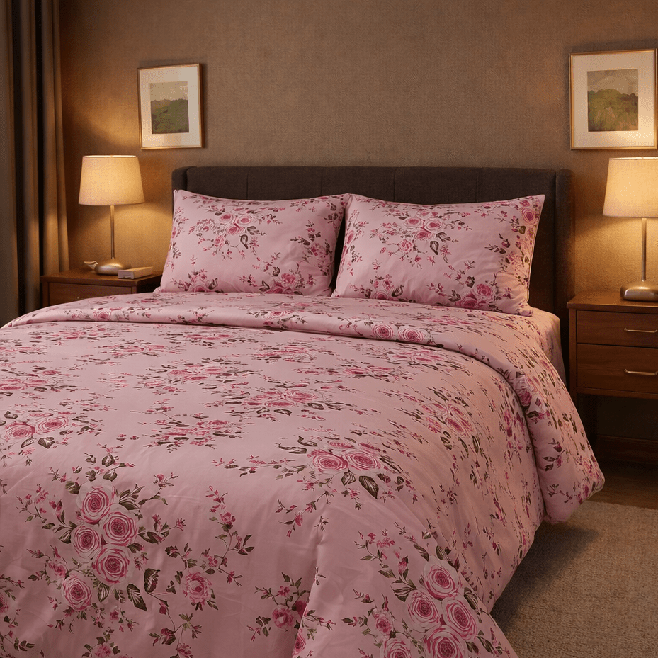 Floral bedding set on a bed in a bedroom with lamps and decor.