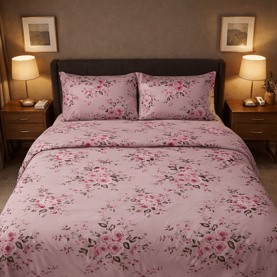 Floral bedding set on a bed in a bedroom with lamps and nightstands.