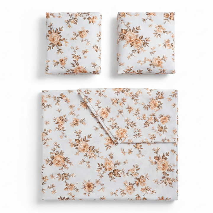 Three flat rectangular pieces of fabric or paper with a small-scale floral print, arranged on a white background. The set includes two smaller square pieces above a larger rectangular piece with a diagonal fold.