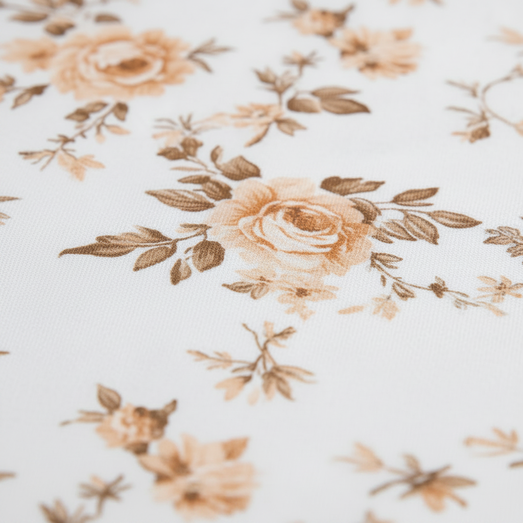 A close-up of a white fabric with a vintage floral pattern featuring peach and beige roses with brown leaves.
