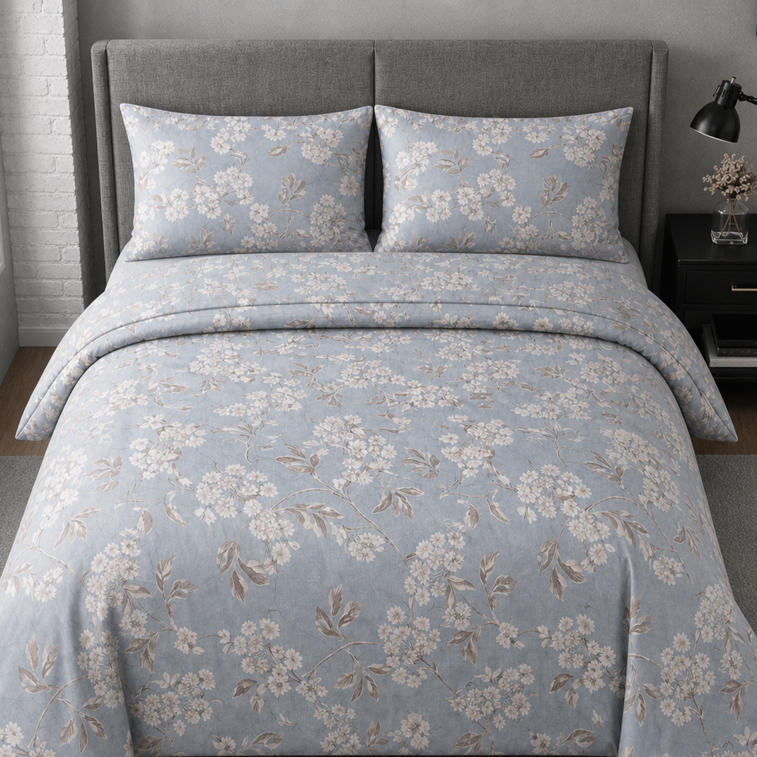 Floral patterned bedding set on a bed with a gray headboard.