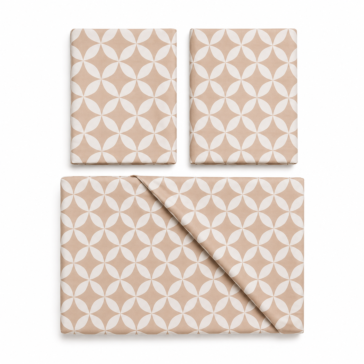 Three rectangular fabric pieces with a repeating geometric leaf pattern in beige and white, arranged on a light gray background. The set includes two smaller pieces at the top and one larger matching piece at the bottom, with the bottom piece folded diagonally.