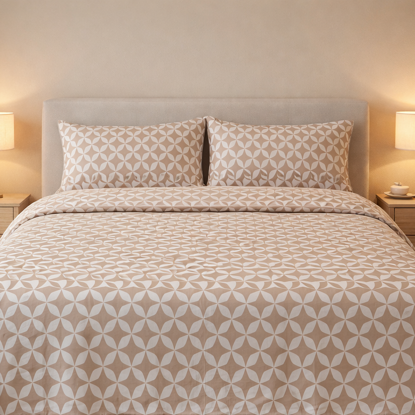 Beige and white geometric patterned bedding set on a bed with matching pillows.