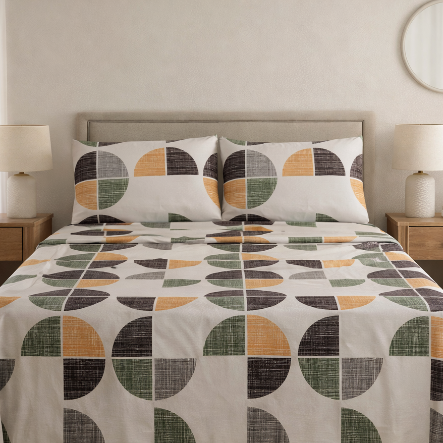 Bed with geometric patterned bedding in a bedroom setting