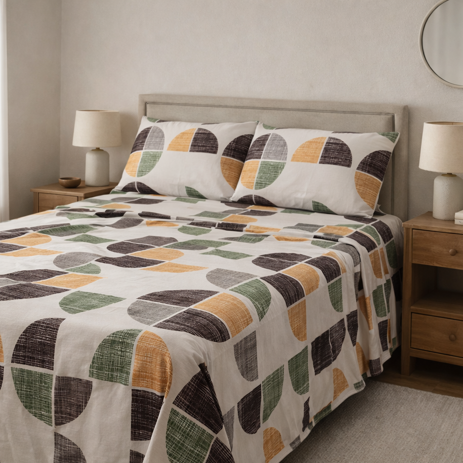 Bed with geometric patterned bedding in a bedroom setting