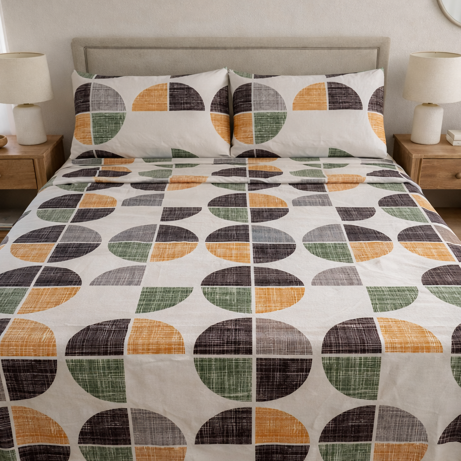 Bed with geometric patterned bedding and pillows in a bedroom setting.