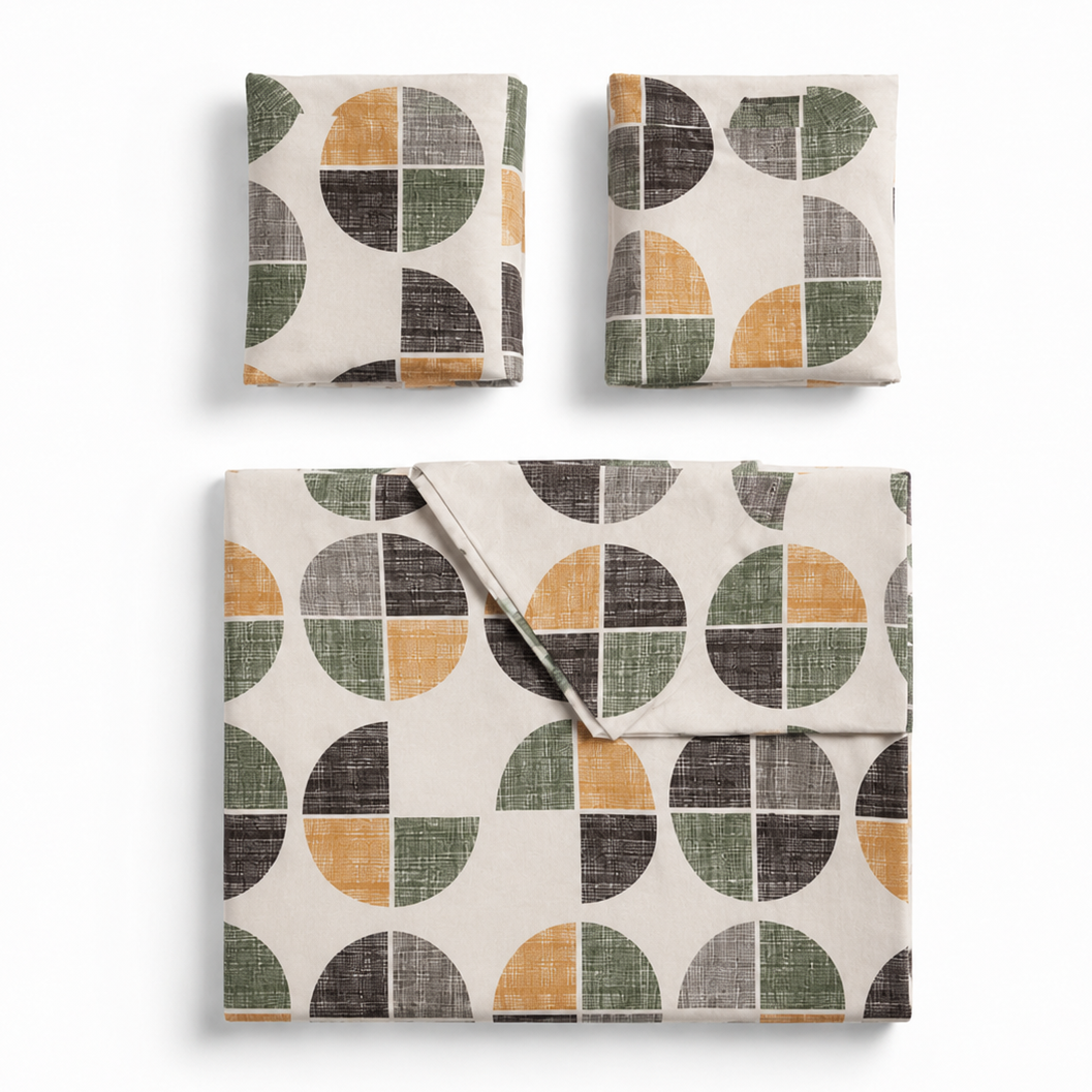 Three folded fabric pieces with a geometric semi-circle pattern in olive green, mustard yellow, charcoal gray, and cream, arranged on a white background.