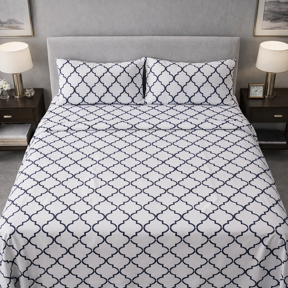 Bed with navy and white patterned comforter and pillows in a bedroom setting.