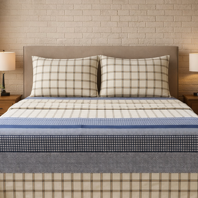 Bed with plaid bedding in a bedroom setting with lamps and decor.