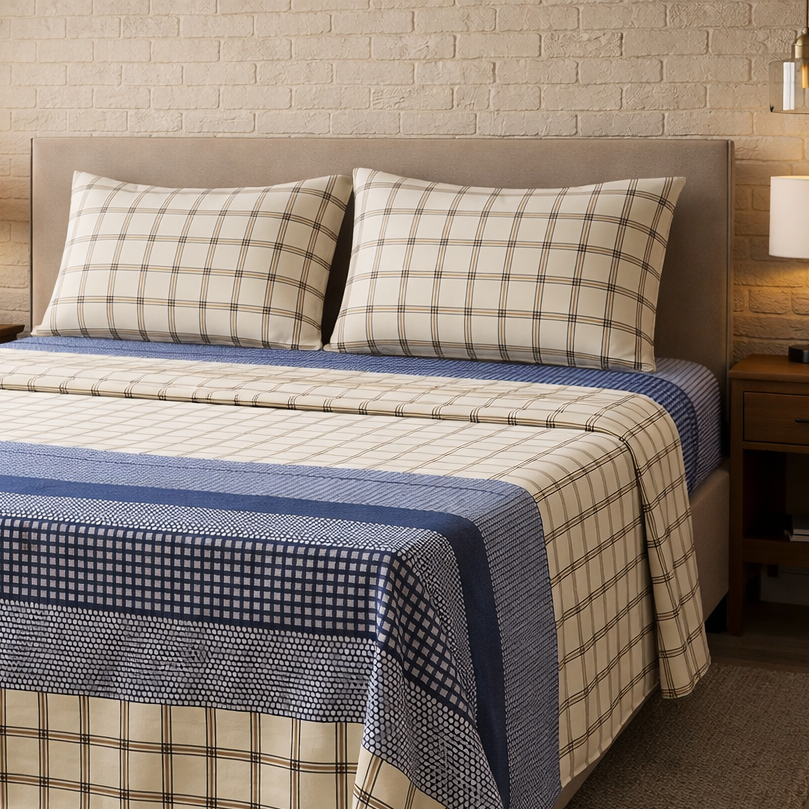 Bed with plaid bedding in a bedroom setting