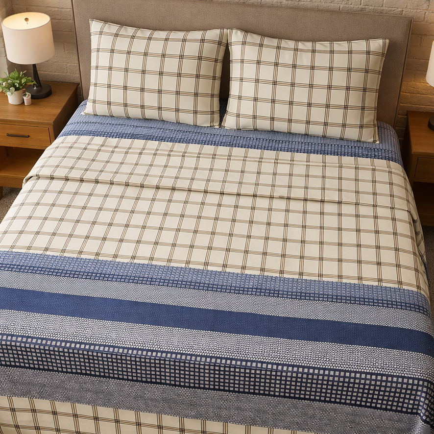 Bed with plaid and striped bedding in a bedroom setting
