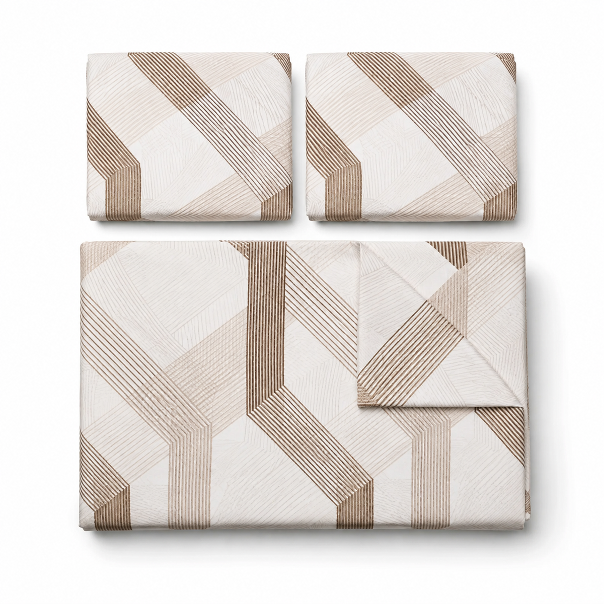 Three folded bedding pieces with a geometric pattern in beige and brown on a white background, arranged as a set.