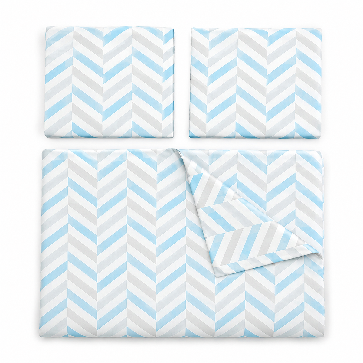 Three-piece bedding set with a light blue and gray chevron pattern, including a duvet cover and two pillowcases, displayed on a clean white background.