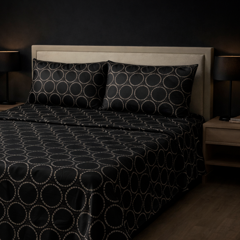 Bed with black patterned bedding in a dimly lit room