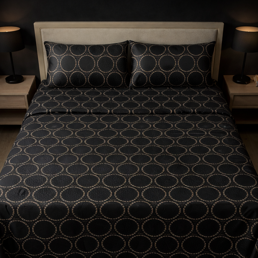 Bed with black and gold patterned bedding in a dimly lit bedroom.