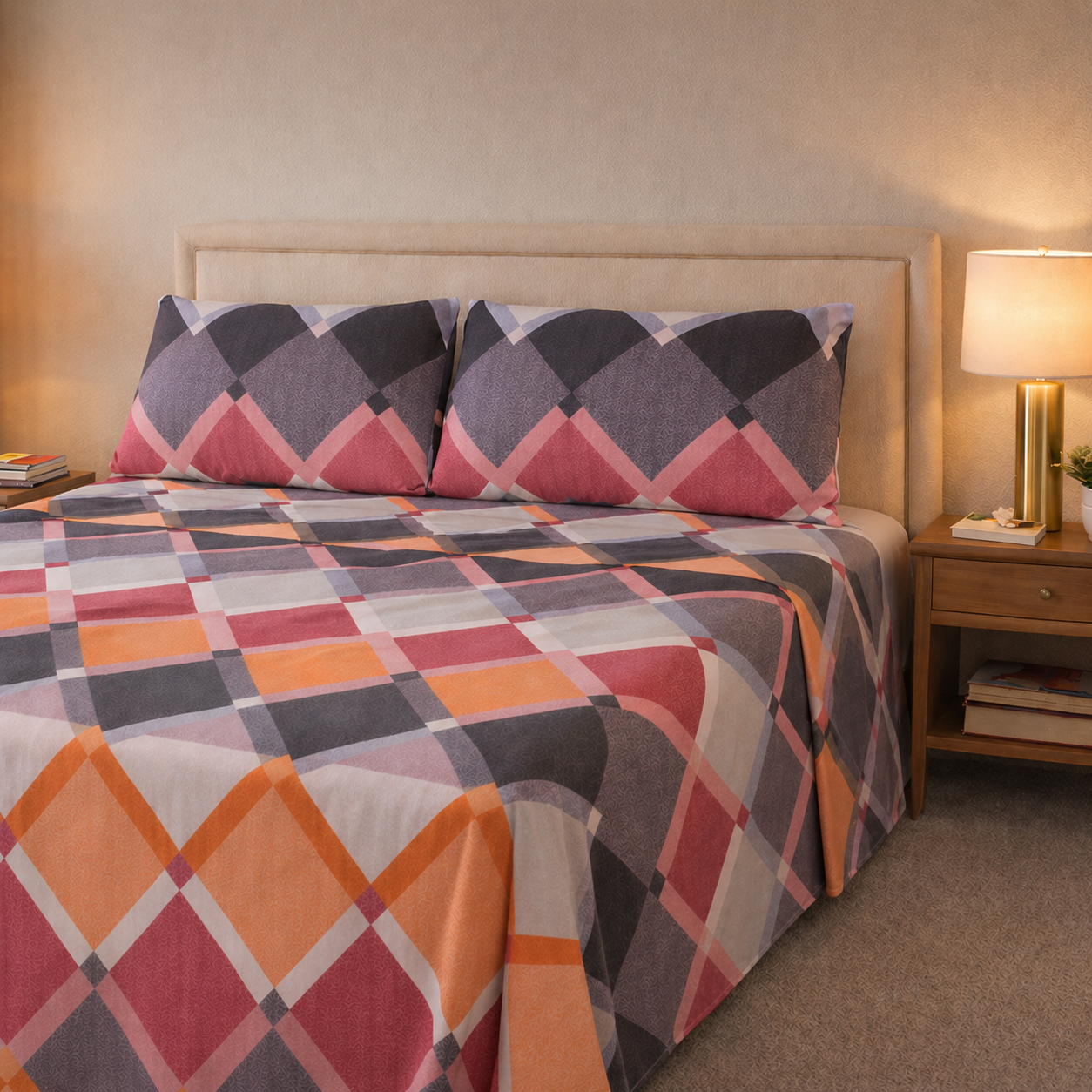 Bed with geometric patterned bedding and pillows in a bedroom setting.