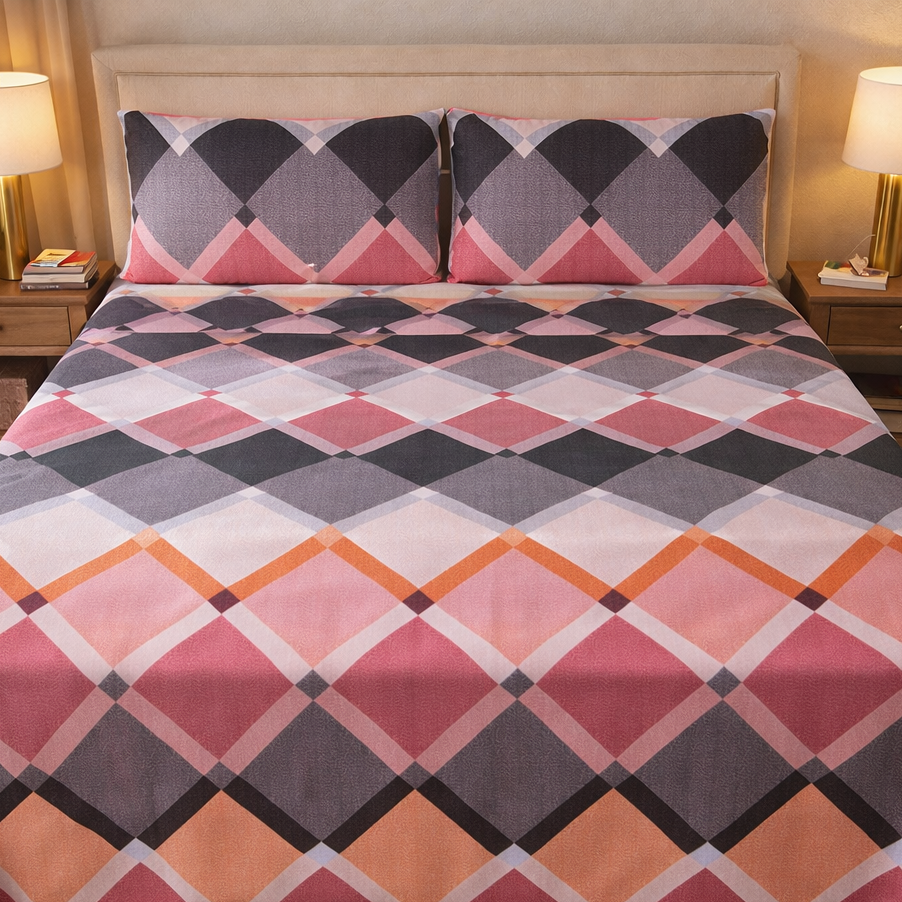 Bed with plaid bedding set in a bedroom setting
