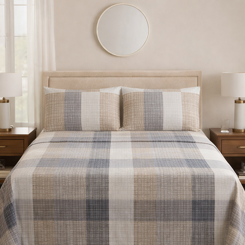 Bedroom with a bed covered in a plaid bedding set, flanked by two nightstands with lamps.