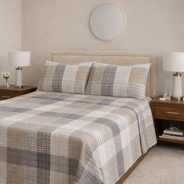 Bedroom with a bed covered in a plaid bedding set, two nightstands, and a lamp.