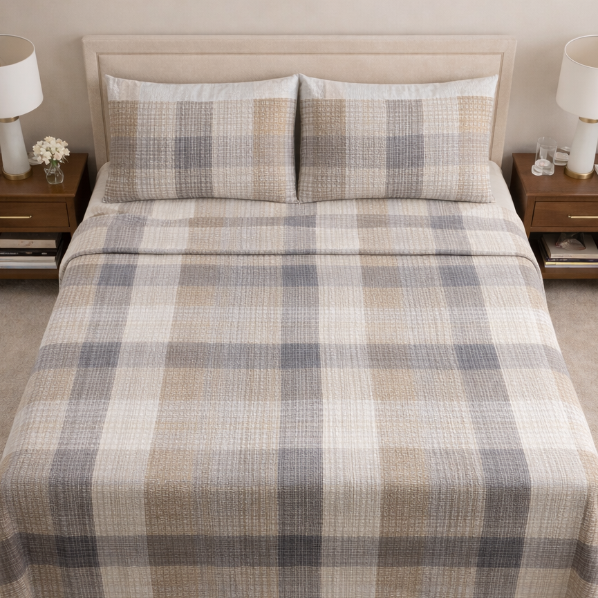 Bedroom with a bed covered in a plaid bedding set, flanked by two nightstands with lamps.