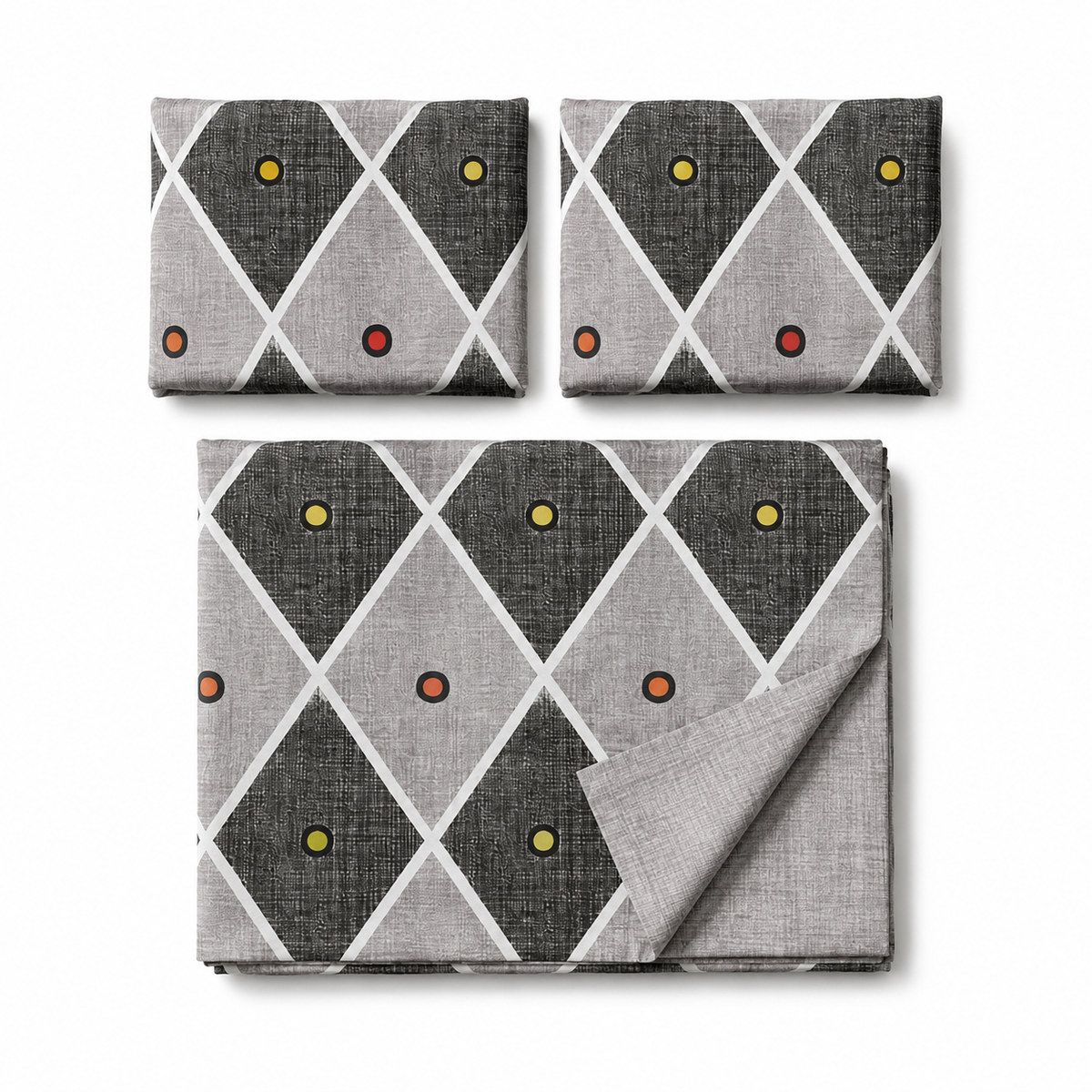 Three folded fabric pieces with a gray and white diamond pattern and small yellow and red dot accents, arranged on a white background. The set includes two smaller square pieces and one larger rectangular piece with one corner folded over.
