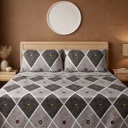 Bed with geometric patterned bedding set in a bedroom setting