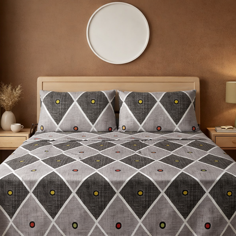 Bed with geometric patterned bedding set in a bedroom setting