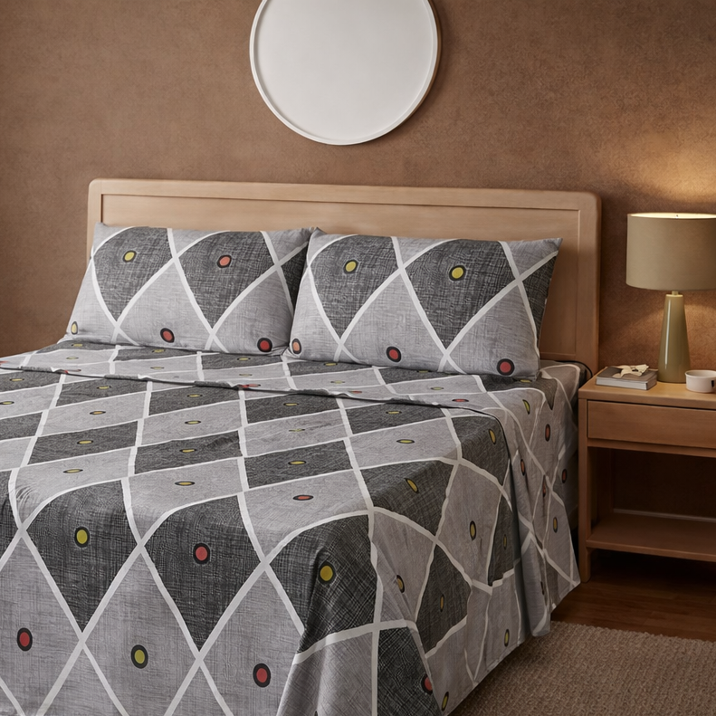 Bed with geometric patterned bedding in a bedroom setting