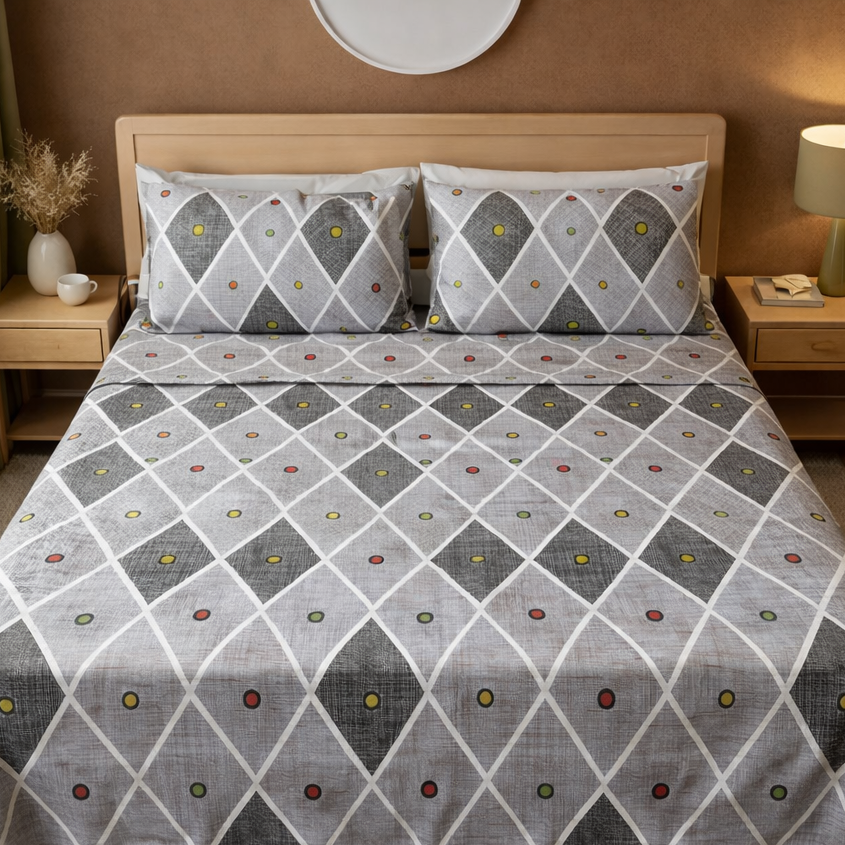 Bed with patterned bedding in a bedroom setting