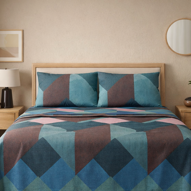 Bedroom with a bed covered in a geometric patterned bedding set, wooden nightstands, and decor items.