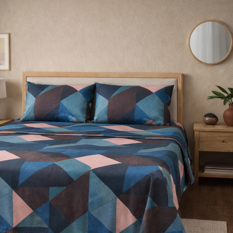 Bedroom with geometric-patterned bedding set on a bed, nightstands, and decor items.