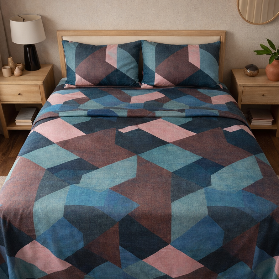 Bed with geometric patterned bedding in a bedroom setting