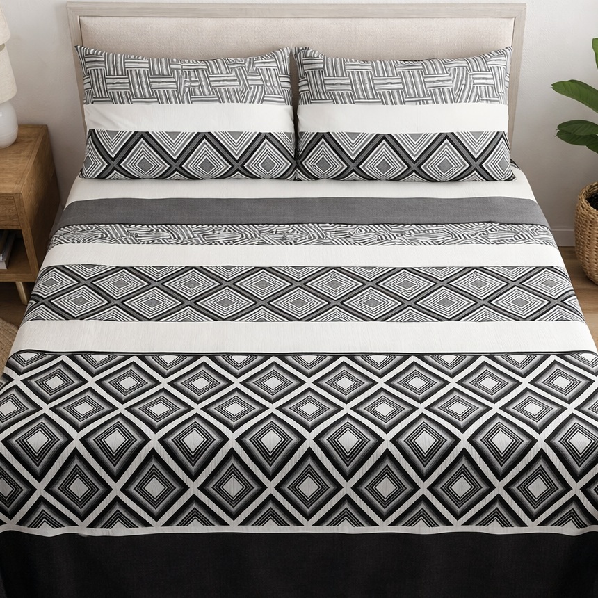Bed with geometric patterned bedding in a bedroom setting