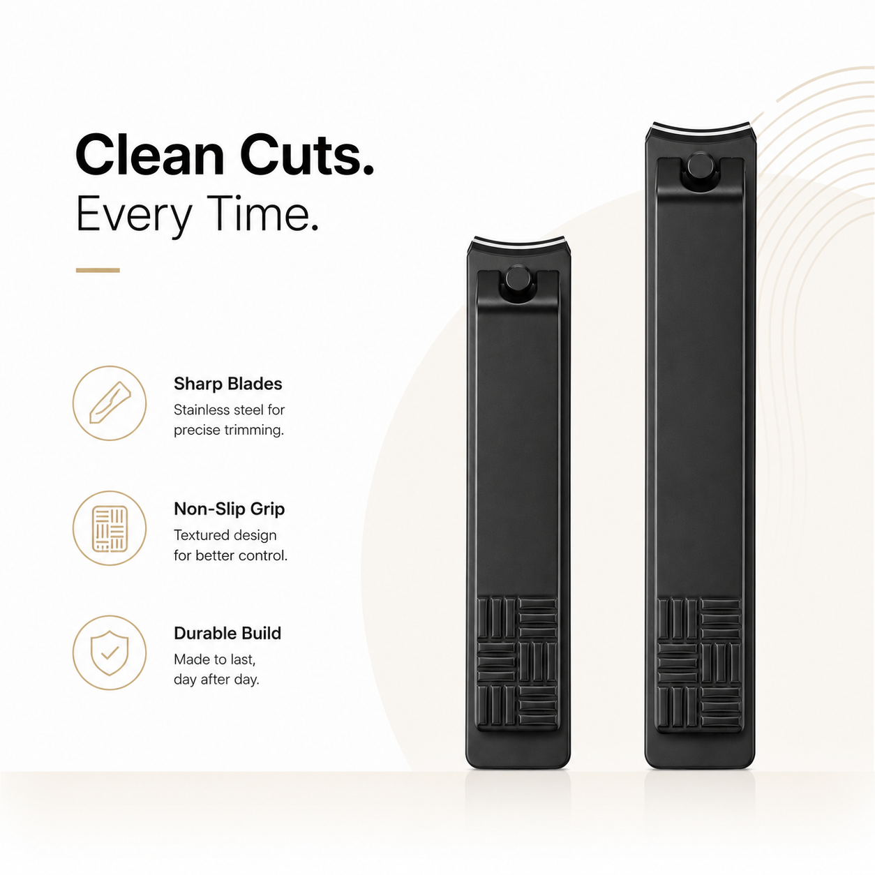 Two black nail clippers shown on a clean white background with marketing text reading 'Clean Cuts. Every Time.