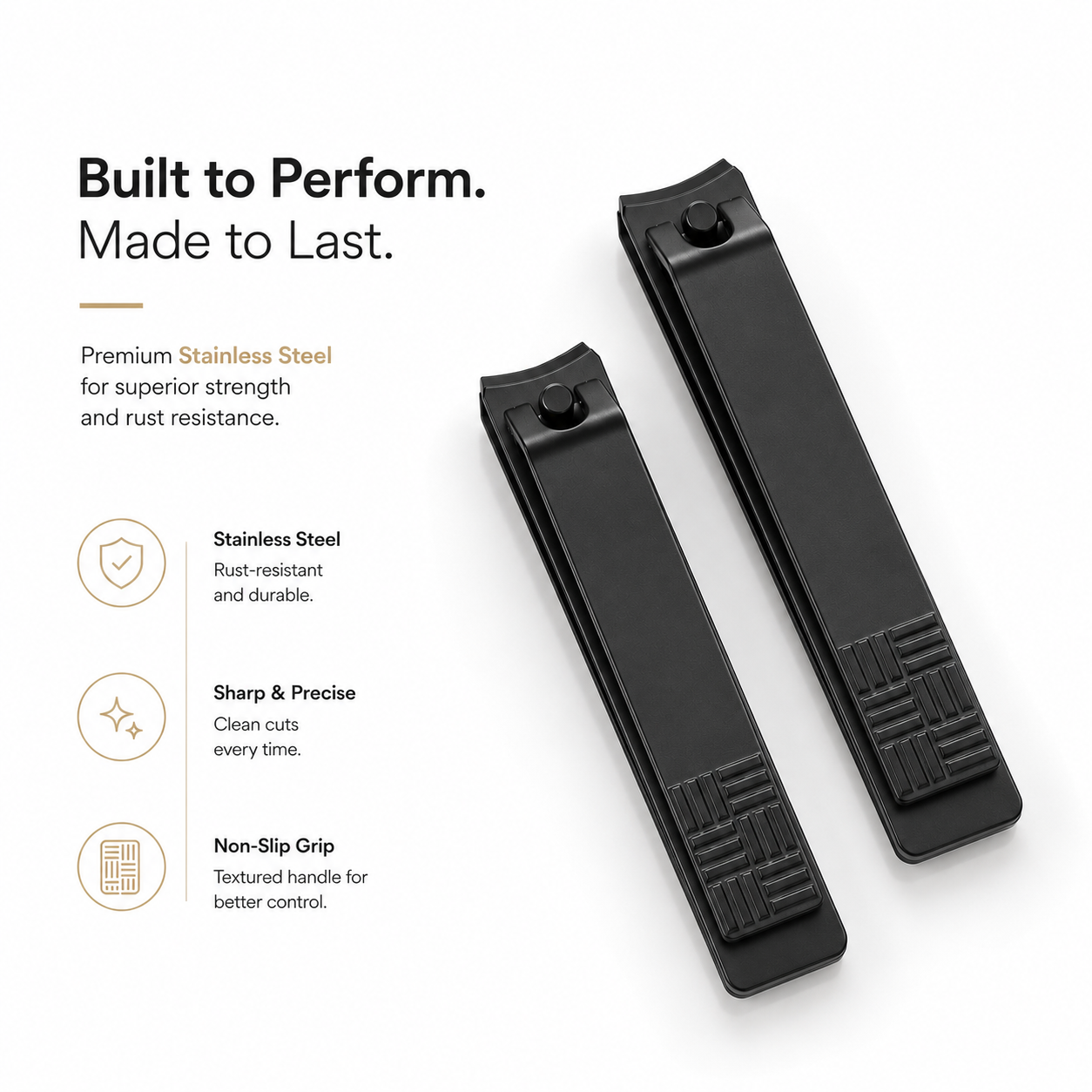 Two black stainless steel nail clippers shown on a white background with marketing text and feature icons highlighting rust resistance, sharpness, and non-slip grip.
