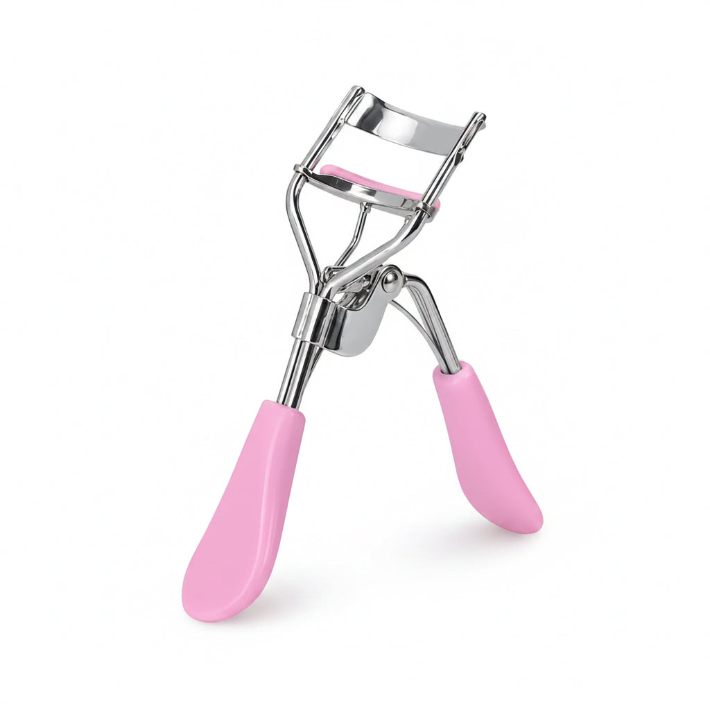 Eyelash curler with pink handles on a white background