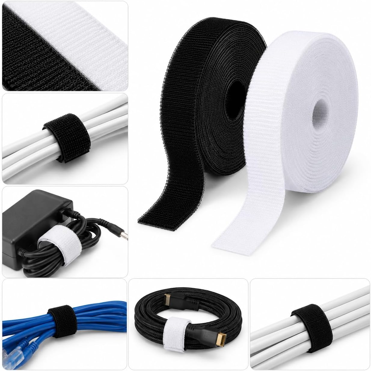 Collage of cable ties and tapes in black and white, with close-ups on rolls and applications.