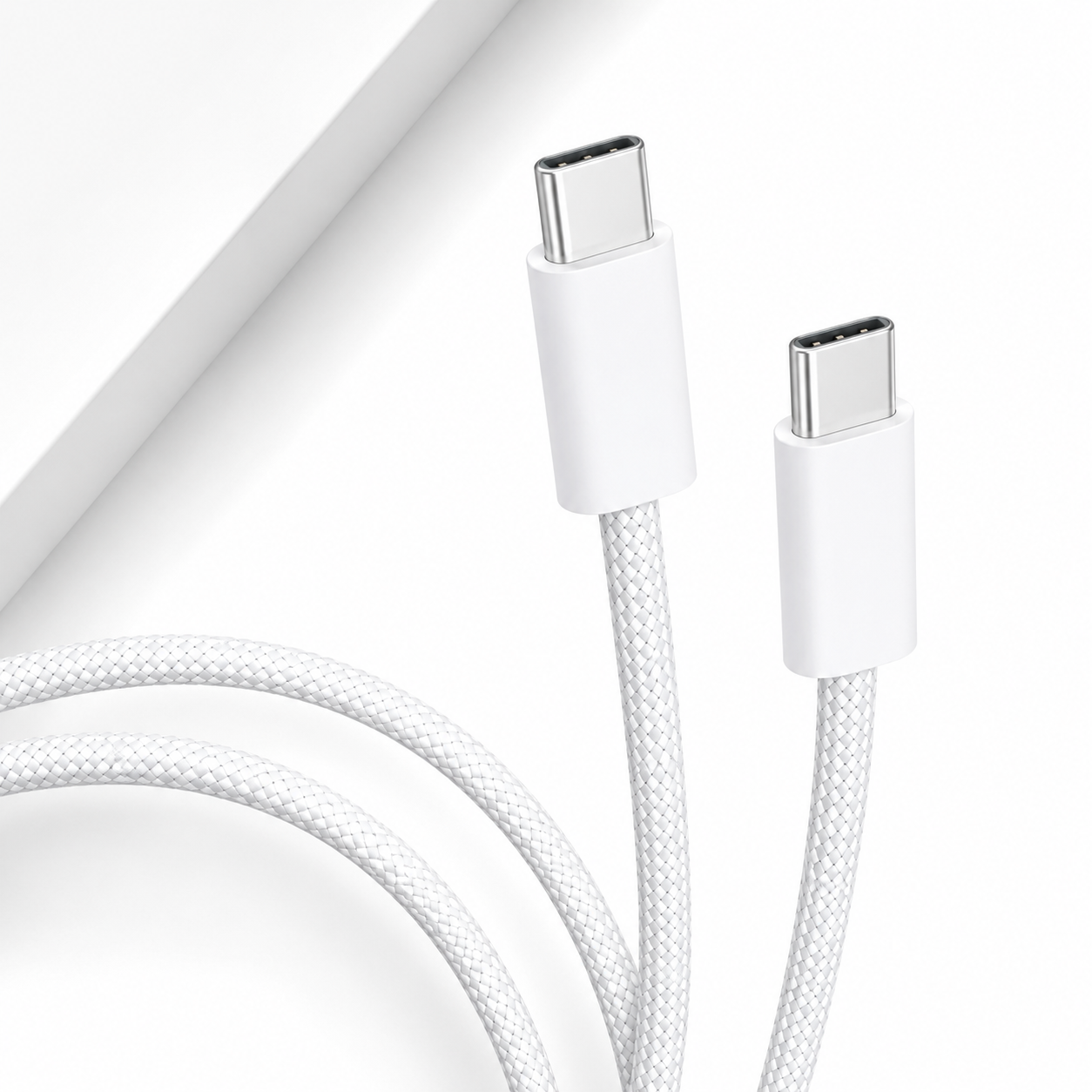 A close-up of a white braided USB-C to USB-C cable with two connector ends visible against a clean white background.