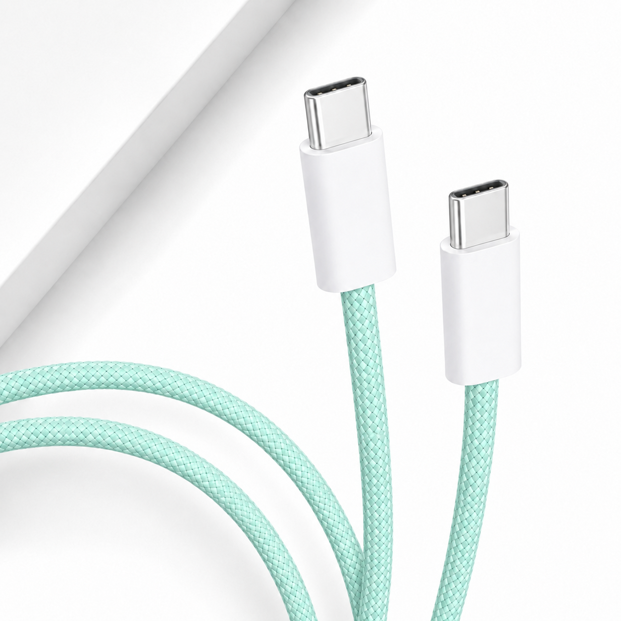 A close-up of a mint green braided USB-C to USB-C cable with white connector housings, shown on a clean white background.