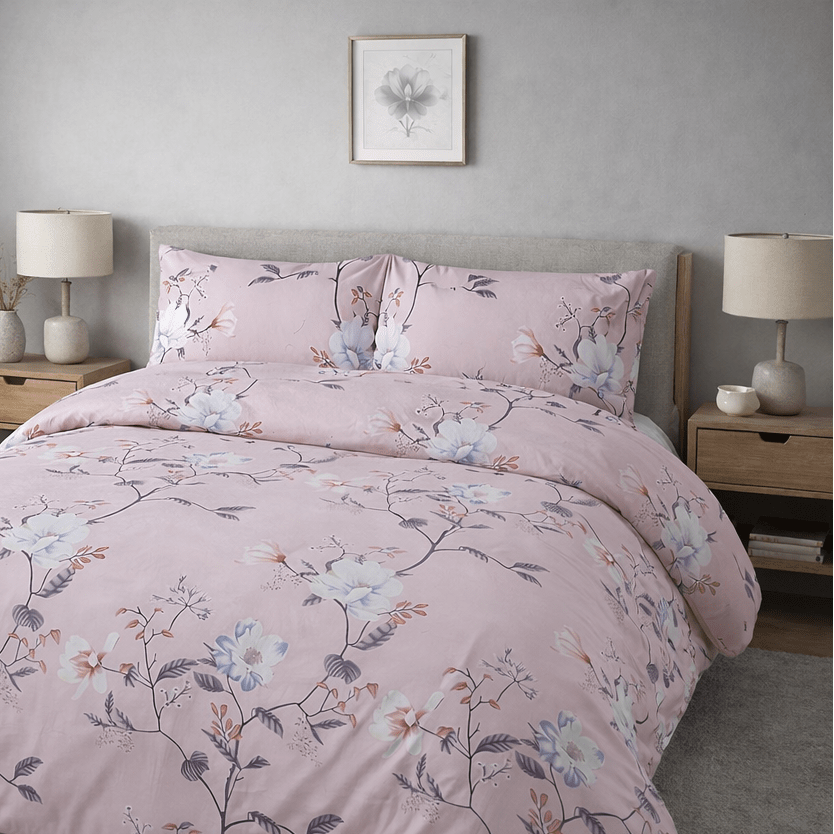 Floral bedding set on a bed in a bedroom with side tables and lamps.