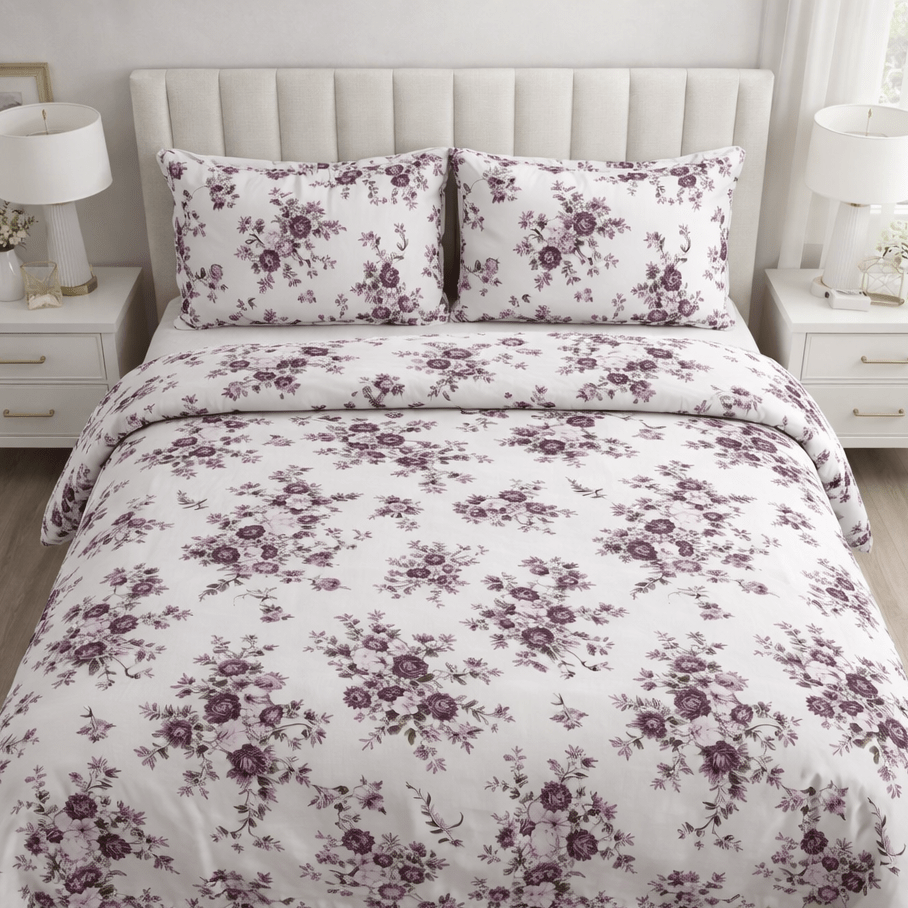 Floral patterned bedding set on a bed in a bedroom setting.